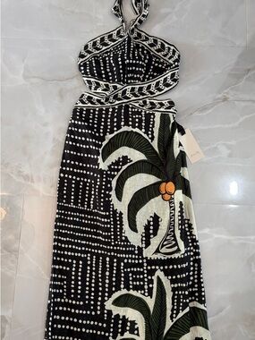 Johanna Ortiz Black and White Palm-Print Maxi Dress